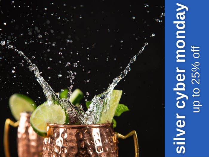 Moscow mule mug with beverage splashing out featuring a Cyber Monday sale banner on the side.