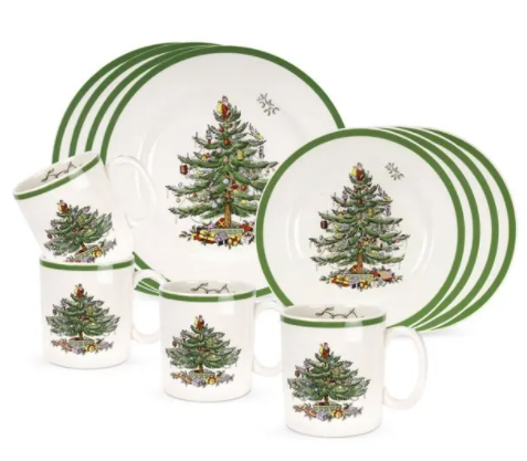 Spode 12-piece Christmas dinnerware set featuring plates and mugs.