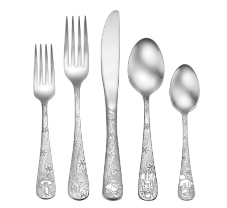 Liberty Tabletop 5-piece holiday stainless flatware place setting including salad fork, dinner fork, table knife, soup spoon, and teaspoon.