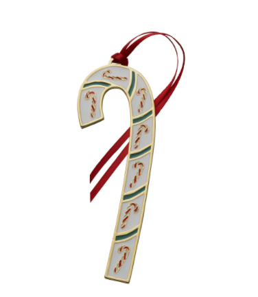 The 2021 Wallace Candy Cane ornament in gold plate and enamel with red ribbon.